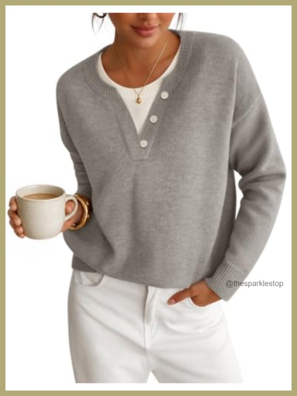 Oversized Henley Neck Sweater Pullover Soft Knit Button Detail